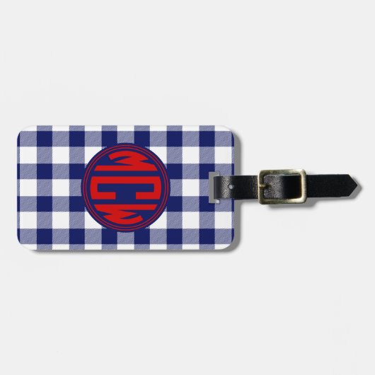 Navy Blue White Circle Monogram Whit Kariert DIY B Gepäckanhänger (Vorderseite horizontal)