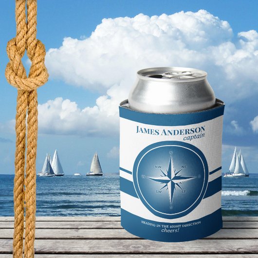 Navy Blue White Compass Nautical Can Cooler Dosenkühler