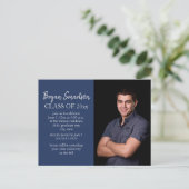 Navy Blue White Custom Foto Graduation Party Postkarte (Stehend Vorderseite)