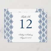 Navy Blue White Damask Arabesque Tischnummer Card (Vorne/Hinten)