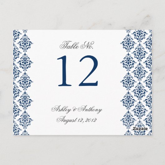 Navy Blue White Damask Arabesque Tischnummer Card (Rückseite)