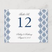 Navy Blue White Damask Arabesque Tischnummer Card (Vorderseite)