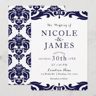 Navy Blue & White Damask Chic Elegante Hochzeit Einladung