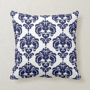 Navy Blue & White Damask Modernes elegantes Muster Kissen