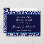 Navy Blue & White Damask Save the Date Postkarte (Vorne/Hinten)