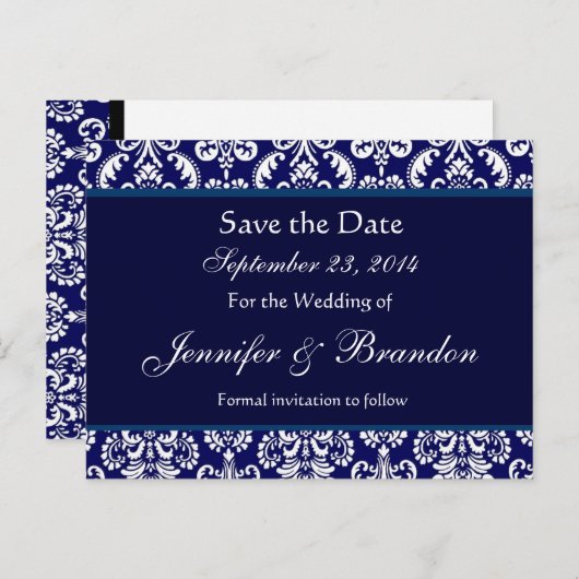 Navy Blue & White Damask Save the Date Postkarte (Vorne/Hinten)