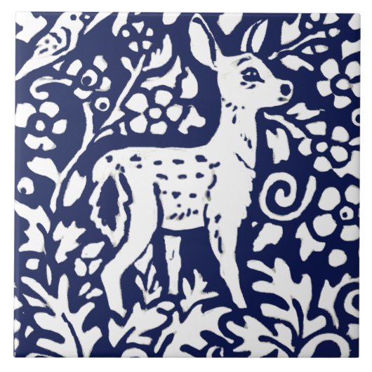 Navy Blue White Deer Fawn Woodland Animal Trivet Fliese (Vorderseite)