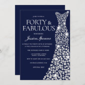 Navy Blue White Diamond Dress 40. Party Einladung (Vorne/Hinten)