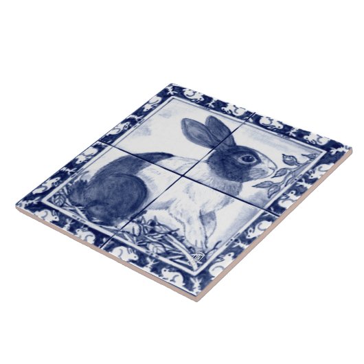 Navy Blue White Dutch Rabbit Dedham Delft Mural Fliese (Seite)