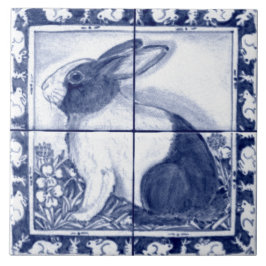 Navy Blue White Dutch Rabbit Dedham Delft Mural Fliese
