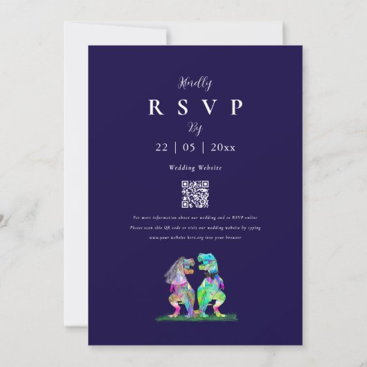 Navy Blue & White Elegant Dinosaur Wedding QR Code Einladung (Rückseite)