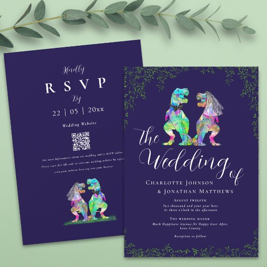 Navy Blue & White Elegant Dinosaur Wedding QR Code Einladung