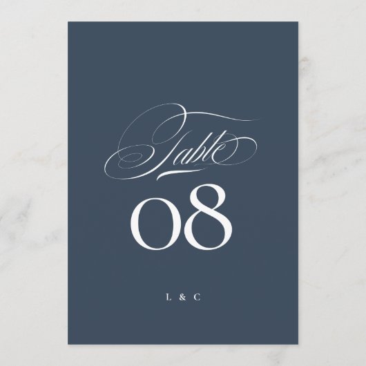 Navy Blue White Elegant Wedding 5 x 7 Table Number Einladung (Rückseite)