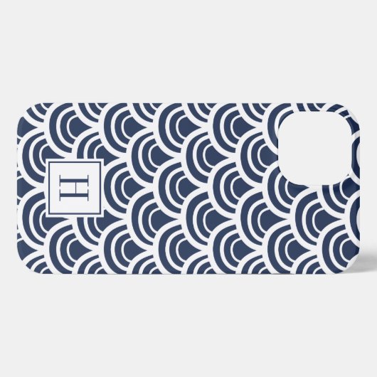 Navy Blue & White Fishscale Muster Monogram iPhone Hülle (Rückseite (Horizontal))