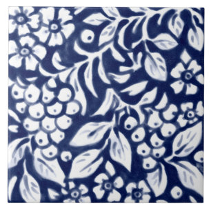 Navy Blue White Floral Berries Leaf Cobalt N Fliese