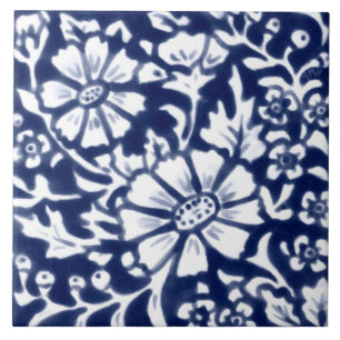 Navy Blue White Floral Daisy Leaf Chinoiserie Fliese