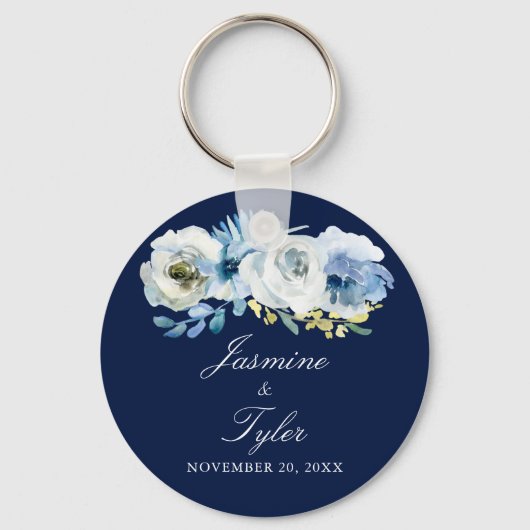 Navy Blue White Floral Elegant Hochzeitsfavorit Schlüsselanhänger (Vorderseite)