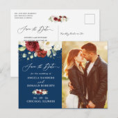 Navy Blue White Floral Foto Save the Date Postkarte (Vorne/Hinten)