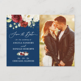 Navy Blue White Floral Foto Save the Date Postkarte