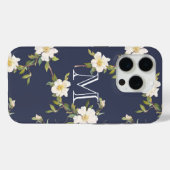 Navy Blue White Floral Monogram Case-Mate iPhone Hülle (Rückseite (Horizontal))