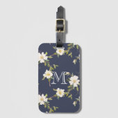Navy Blue White Floral Monogram Gepäckanhänger (Vorderseite Vertikal)
