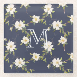 Navy Blue White Floral Monogram Glasuntersetzer