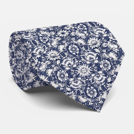 Navy Blue & White Floral Muster Krawatte (Gerollt)