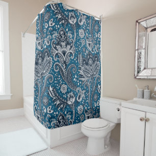 Navy Blue & White Floral Paisley Bohemisch Boho Duschvorhang