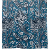 Navy Blue & White Floral Paisley Bohemisch Boho Duschvorhang (Vorderseite)