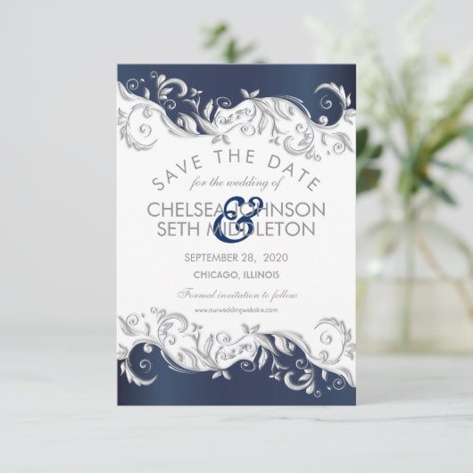 Navy Blue & White Floral Wirbel Save the Date (Stehend Vorderseite)