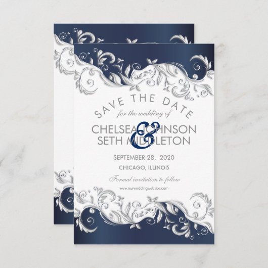 Navy Blue & White Floral Wirbel Save the Date (Vorne/Hinten)