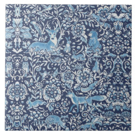 Navy Blue & White Forest Animals Fox Rabbit Floral Fliese