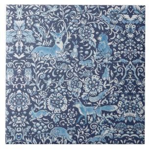 Navy Blue & White Forest Animals Fox Rabbit Floral Fliese