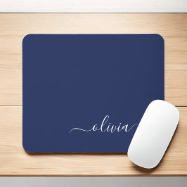 Navy Blue White Girl Monogram Name Modern Mousepad
