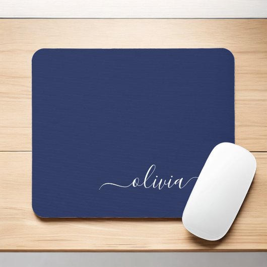 Navy Blue White Girl Monogram Name Modern Mousepad