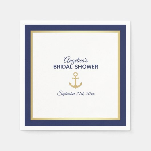 Navy Blue White Gold Anchor Nautical Brautparty Serviette (Vorderseite)