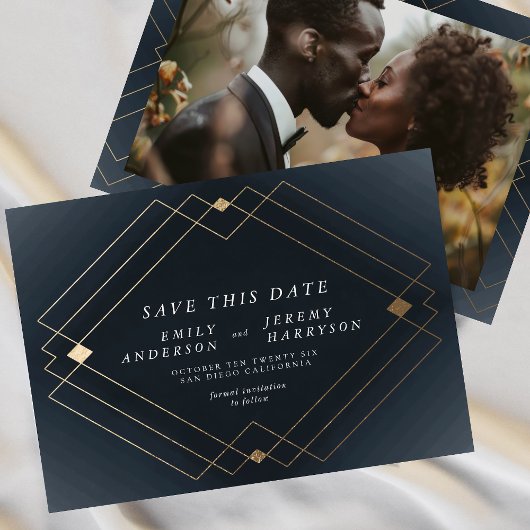 Navy Blue & White | Gold Deko Lines Save the Date Ankündigung
