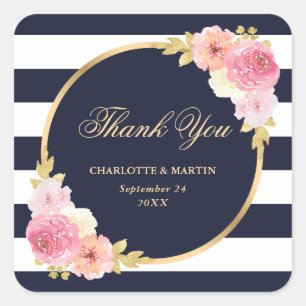 Navy Blue White Gold Pink Blumenzange Vielen Dank Quadratischer Aufkleber