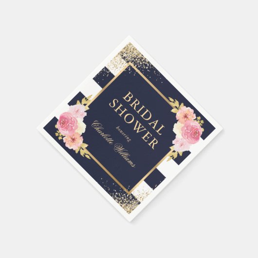 Navy Blue White Gold Pink Floral Brautparty Serviette (Ecke)