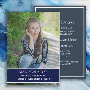 Navy Blue White Grad Uni Trunk Party Foto Einladung