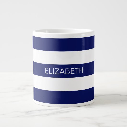 Navy Blue White Horiz Preppy Strip #3 Monogram Jumbo-Tasse (Vorderseite)