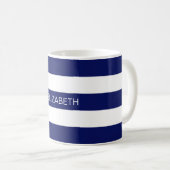 Navy Blue White Horiz Preppy Strip #3 Monogram Kaffeetasse (VorderseiteRechts)
