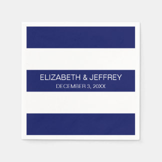 Navy Blue White Horiz Preppy Strip #3 Monogram Serviette