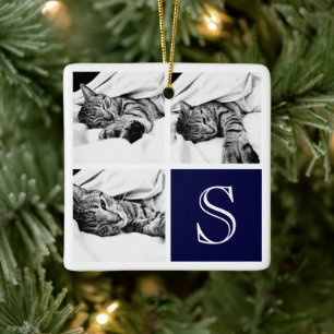 Navy Blue & White Instagram Foto Collage Monogram Keramikornament