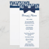 Navy Blue & White Lace Bow Slim Dinner Menu Menükarte (Vorne/Hinten)
