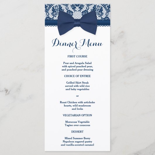 Navy Blue & White Lace Bow Slim Dinner Menu Menükarte (Vorderseite)