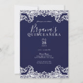 Navy Blue & White Lace Elegant Quinceñera Einladung (Vorderseite)