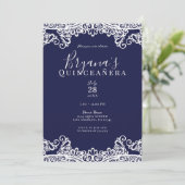 Navy Blue & White Lace Elegant Quinceñera Einladung (Stehend Vorderseite)