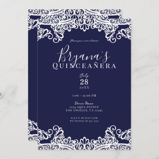 Navy Blue & White Lace Elegant Quinceñera Einladung (Vorne/Hinten)