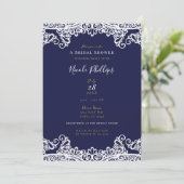 Navy Blue & White Lace Elegantes Brautparty Einladung (Stehend Vorderseite)